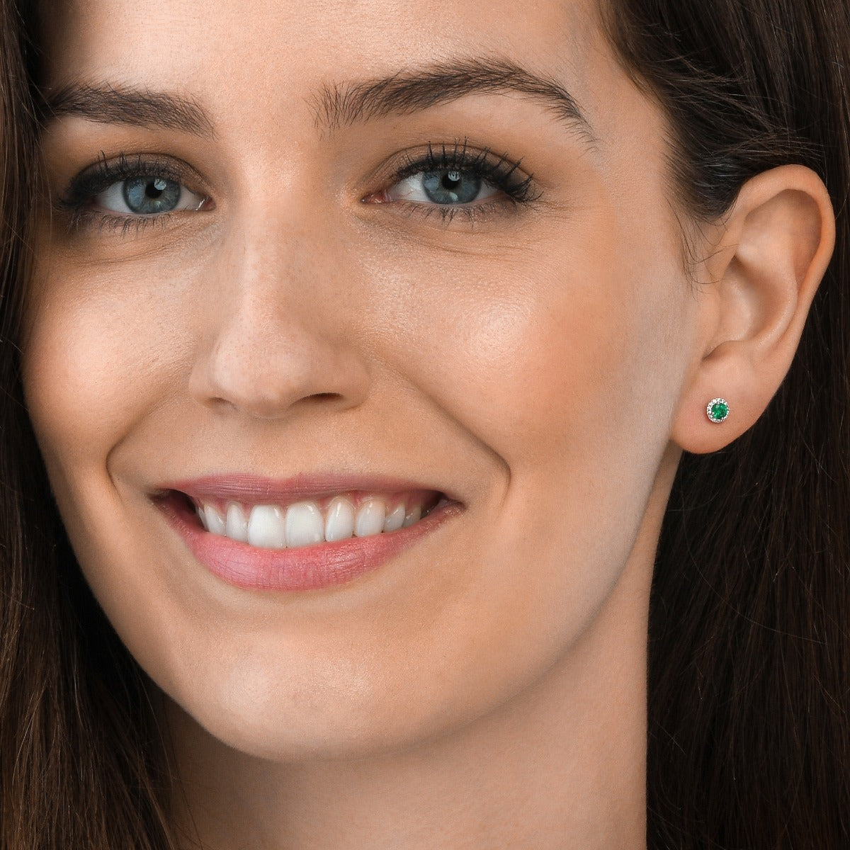 Round Emerald Halo Stud Earrings with Diamond in 18K White Gold
