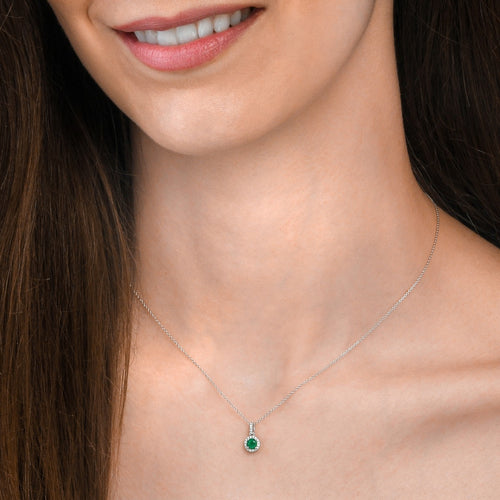 Round Emerald Pendant Necklace 0.07ct Diamond 18K White Gold