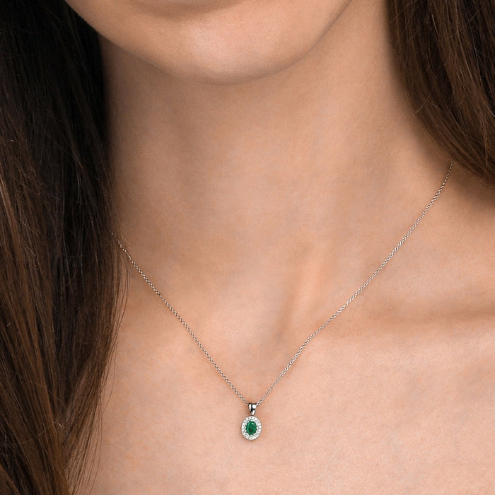 0.20ct Emerald Pendant Necklace 0.05ct Diamond 9K White Gold