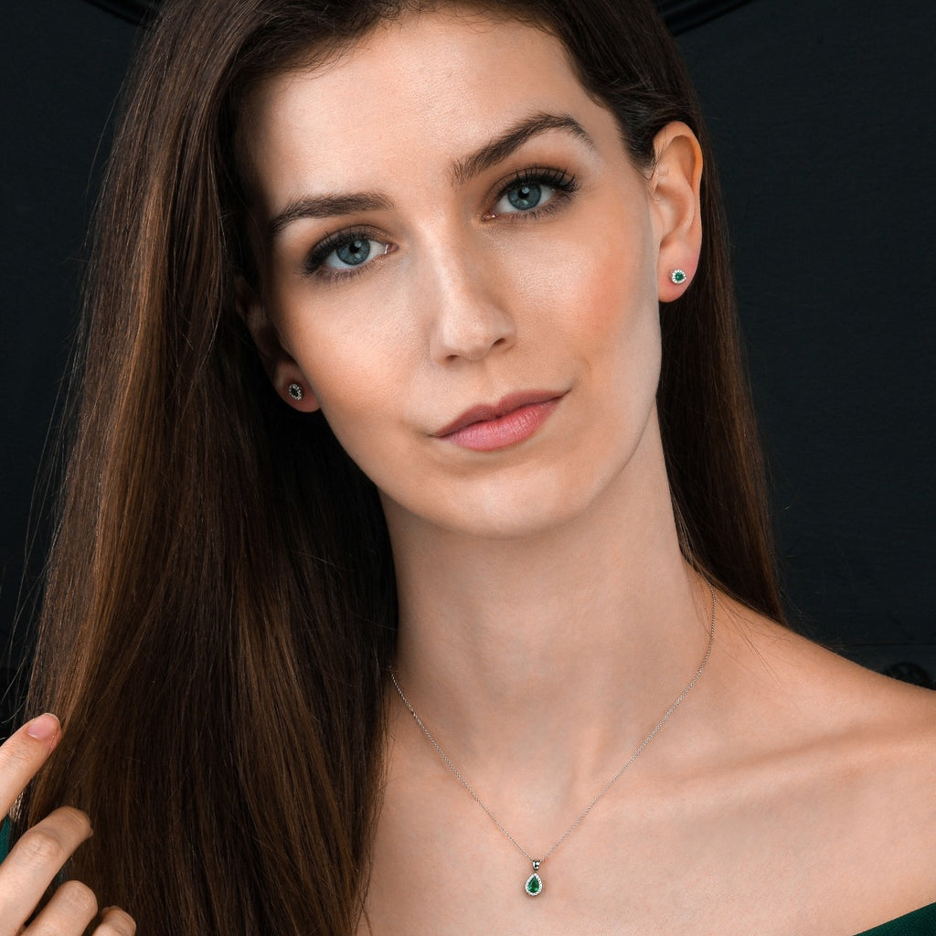 0.38ct Emerald Pendant Necklace 0.05ct Diamond 9K White Gold
