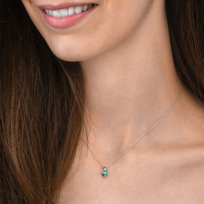 Emerald Pendant Necklace with 0.03ct Diamonds 9K White Gold