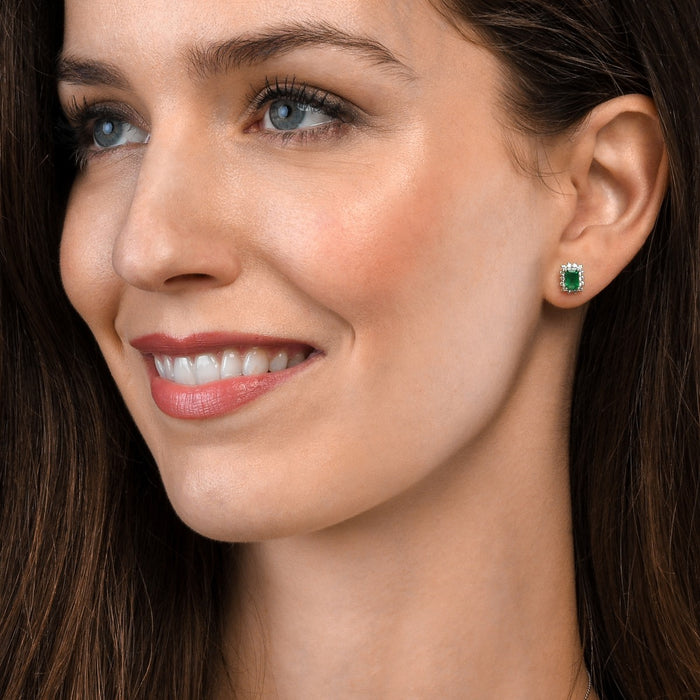 Octagon Emerald Stud Earrings with 0.28ct Diamond Halo 18K White Gold