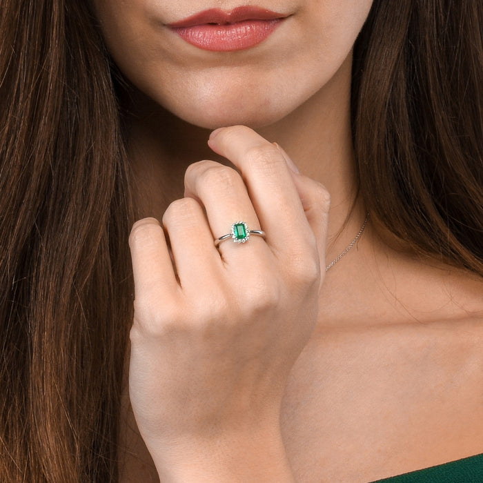 Emerald Ring 4x6mm Emerald & 0.14ct Diamonds in 18K White Gold