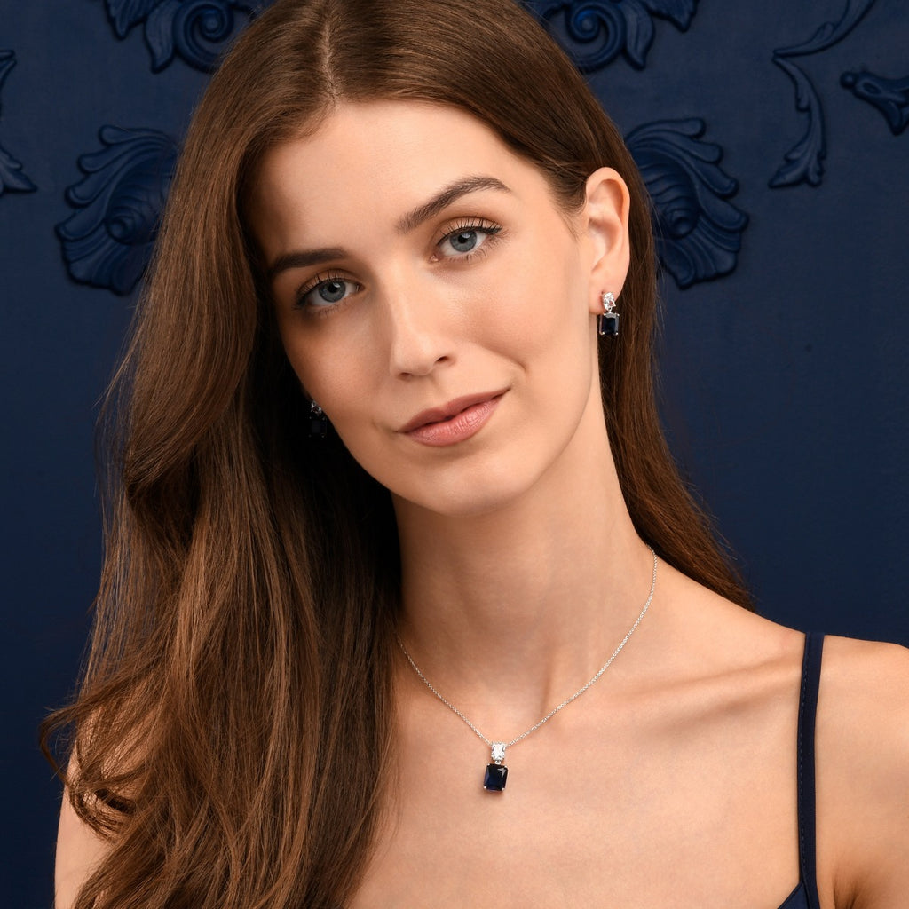 Sterling Silver Blue Double Rectangle Drop Pendant Necklace