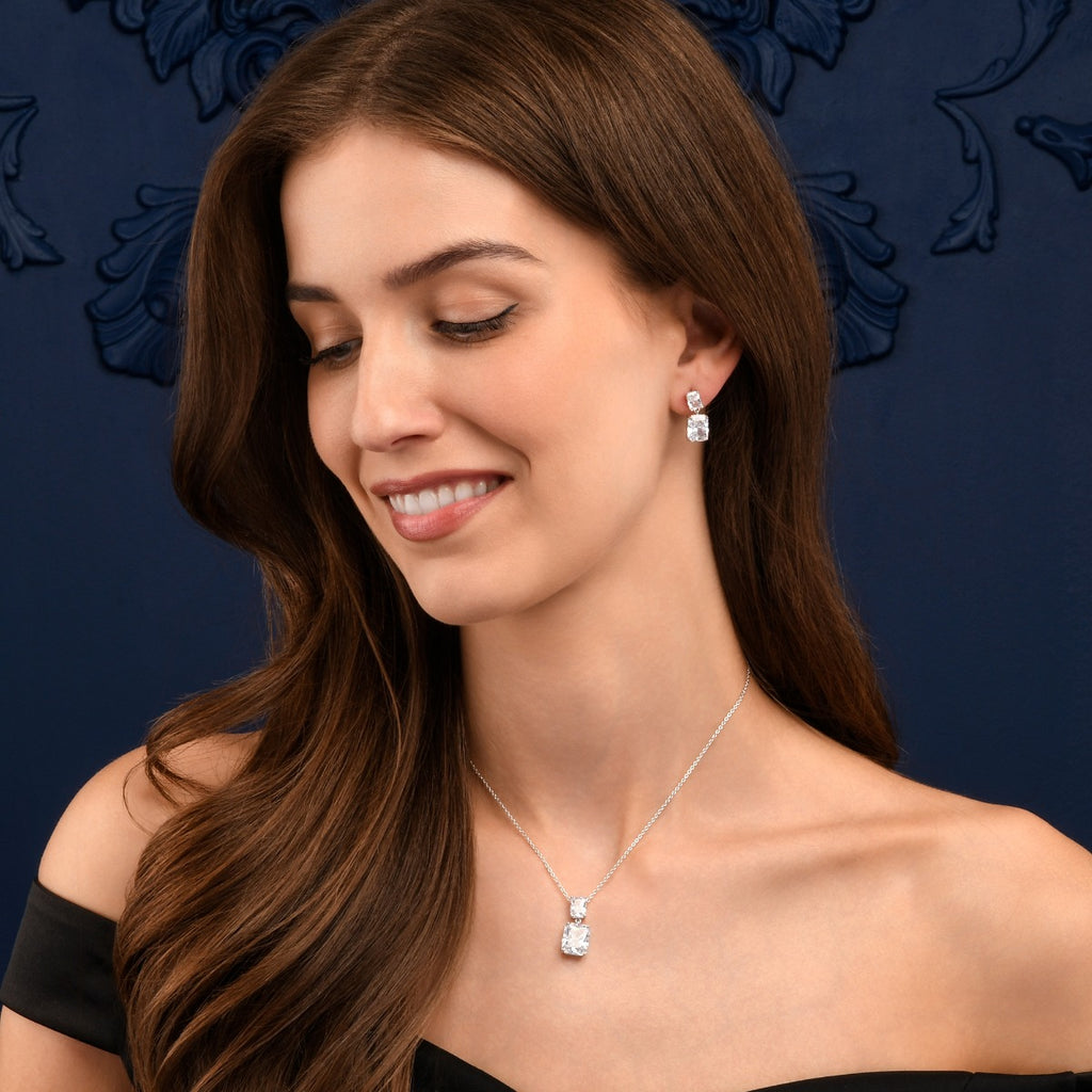 Sterling Silver Cubic Zirconia Double Rectangle Dangle Earrings