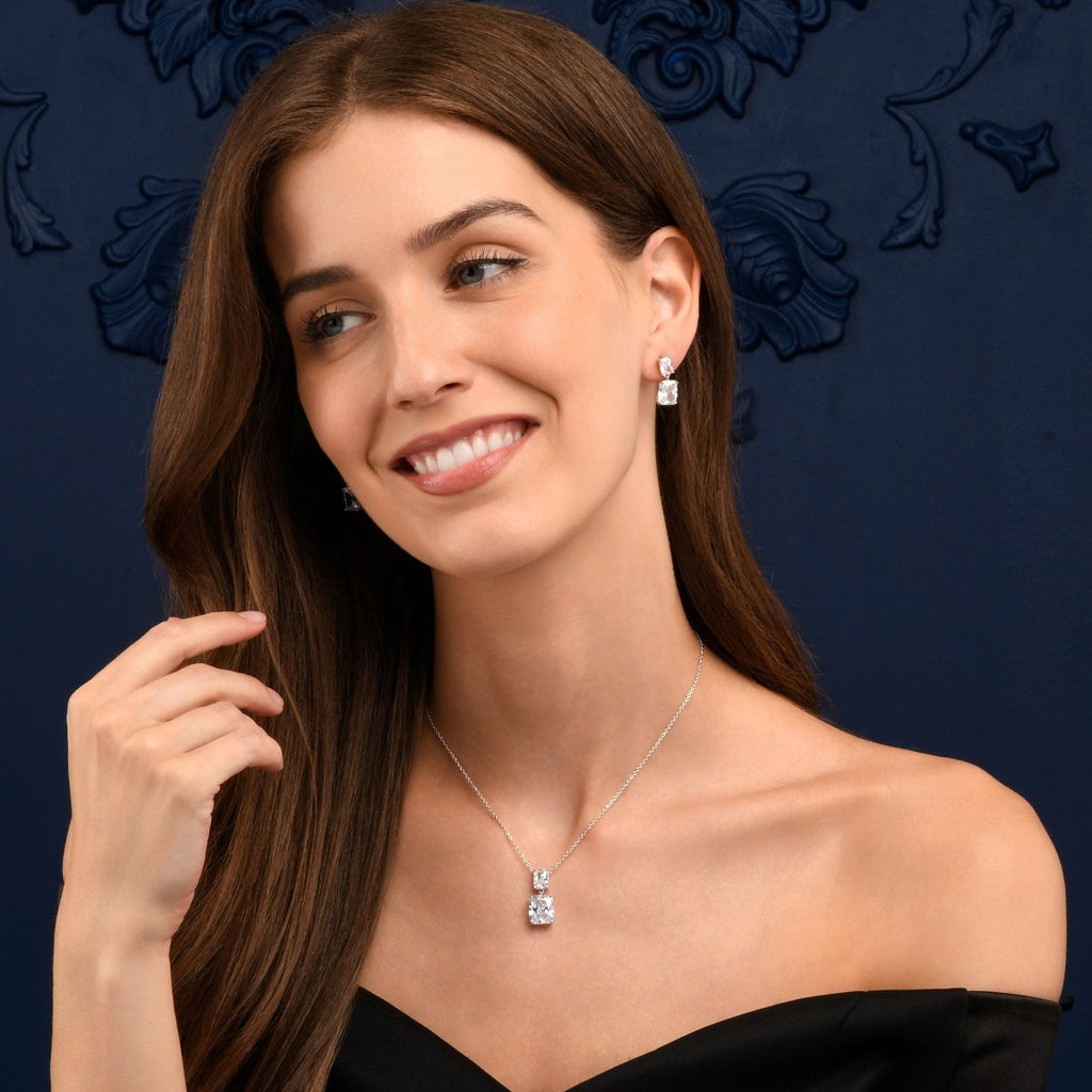Sterling Silver Cubic Zirconia Double Rectangle Drop Pendant Necklace