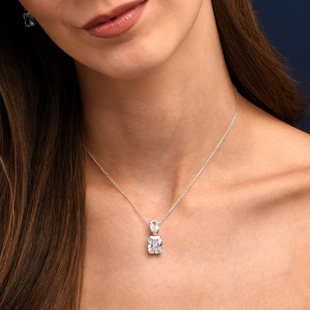 Sterling Silver Cubic Zirconia Double Rectangle Drop Pendant Necklace
