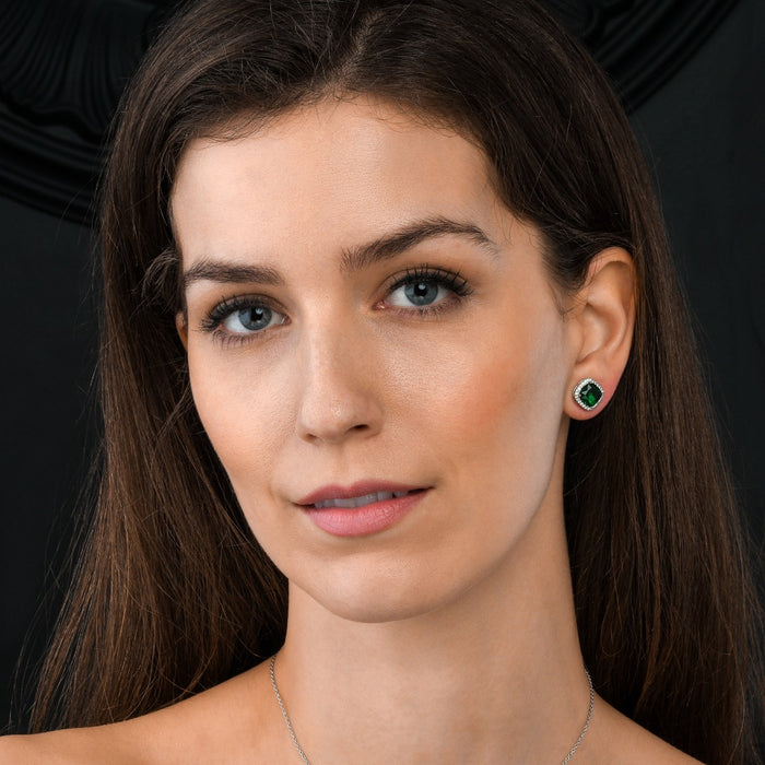 Sterling Silver Cushion Shaped Green Stud Earrings