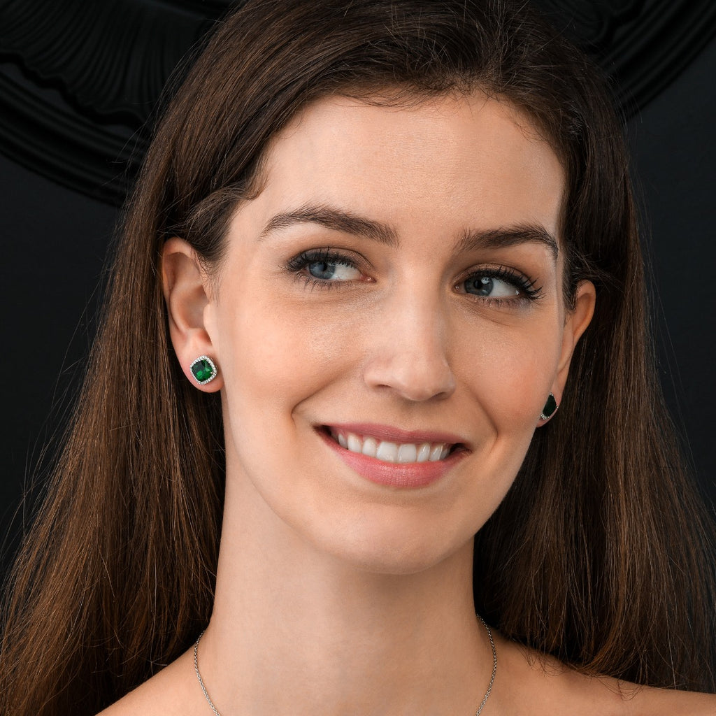 Sterling Silver Cushion Shaped Green Stud Earrings