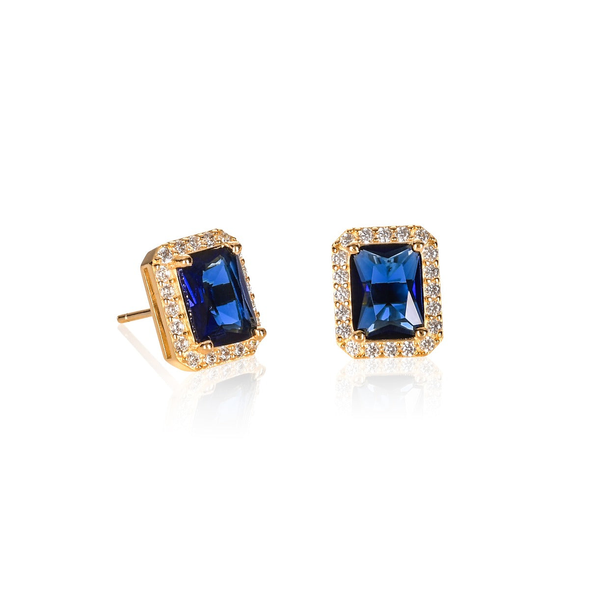 Gold Plated Sterling Silver Emerald Cut Blue Halo Stud Earrings