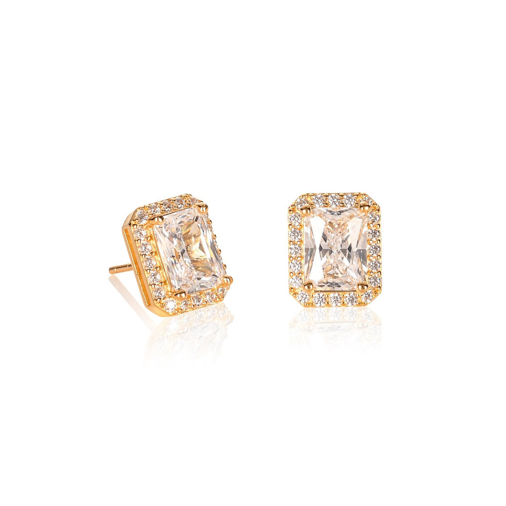 Gold Plated Sterling Silver Emerald Cut Cubic Zirconia Stud Earrings