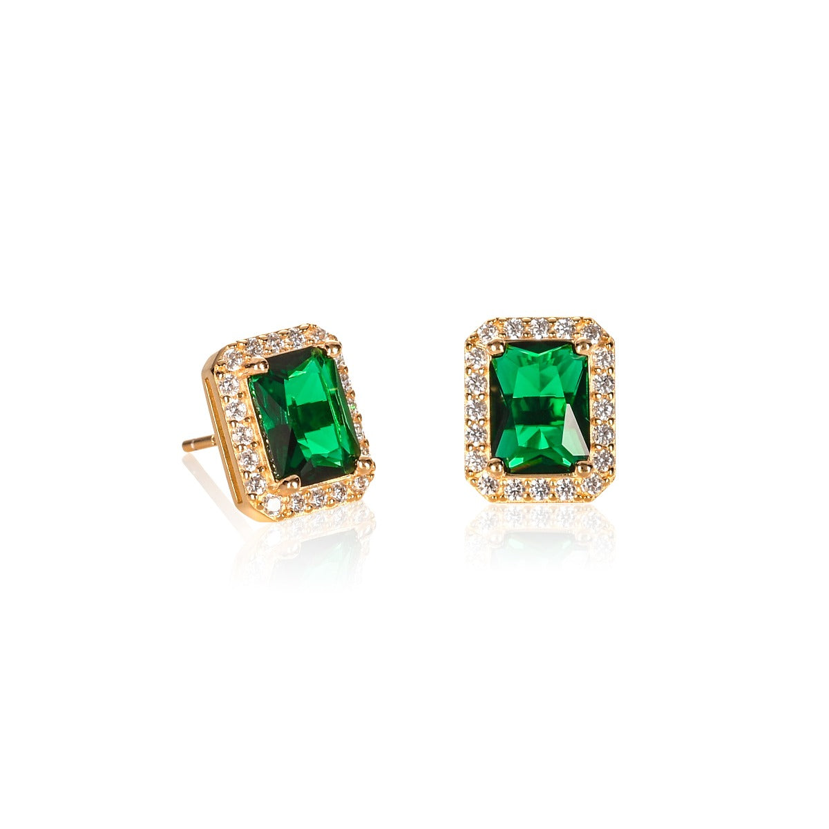 Gold Plated Sterling Silver Emerald Cut Green Halo Stud Earrings