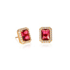 Gold Plated Sterling Silver Emerald Cut Pink Red Halo Stud Earrings