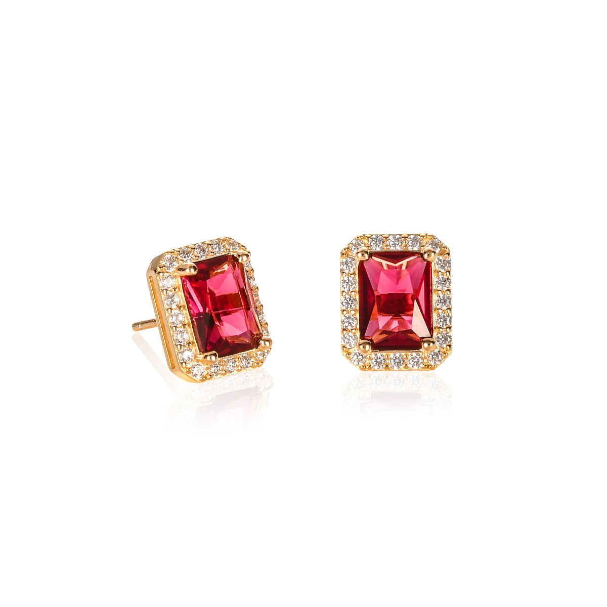 Gold Plated Sterling Silver Emerald Cut Pink Red Halo Stud Earrings