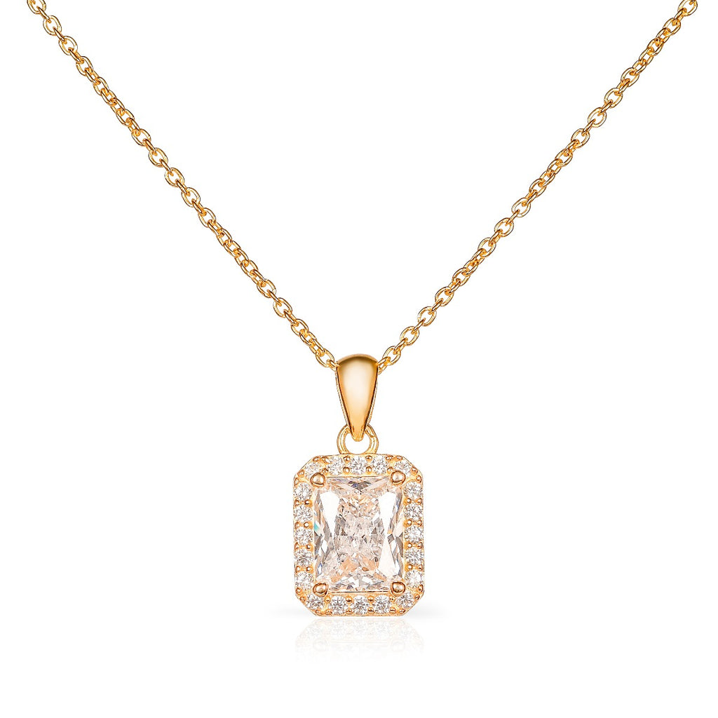 Gold Plated Sterling Silver Emerald Cut Cubic Zirconia Pendant Necklace