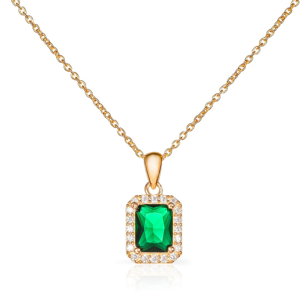 Gold Plated Sterling Silver Emerald Cut Green Pendant Necklace
