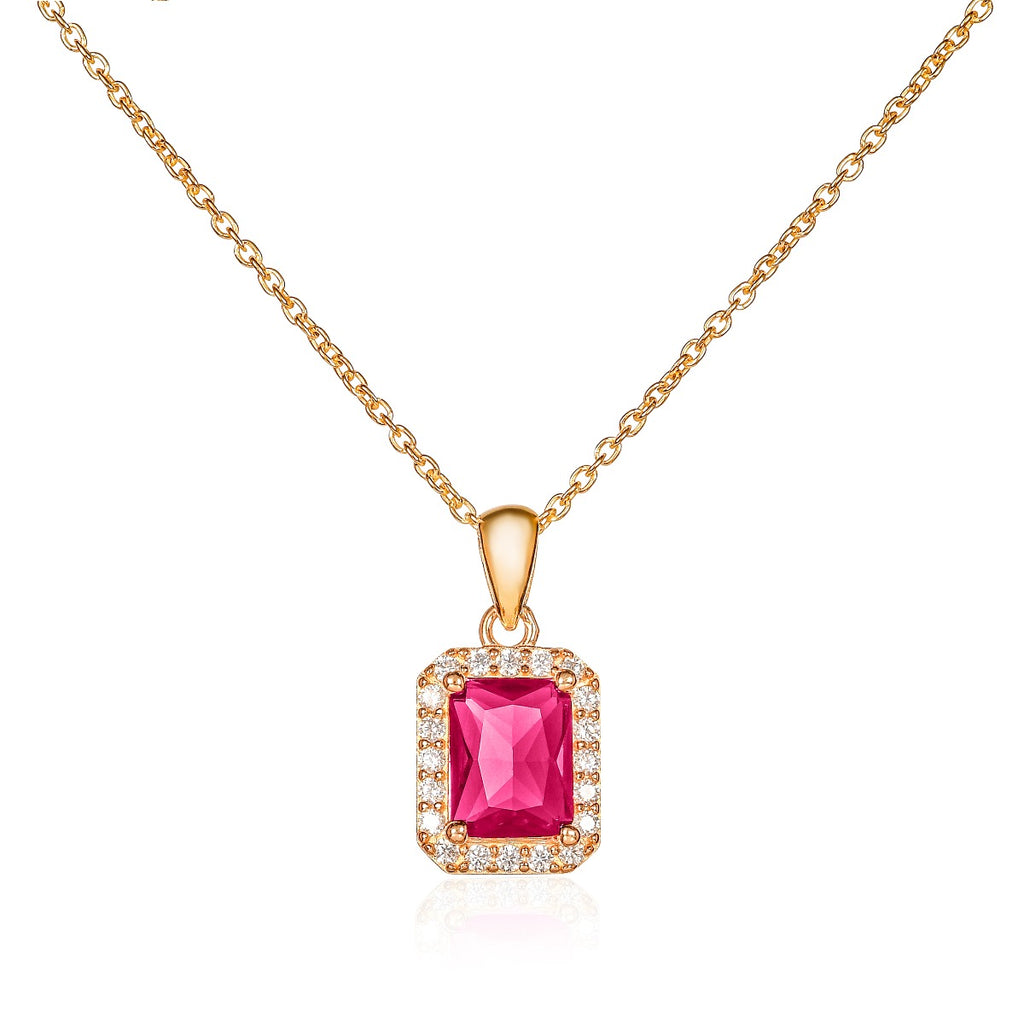Gold Plated Sterling Silver Emerald Cut Pink Red Pendant Necklace