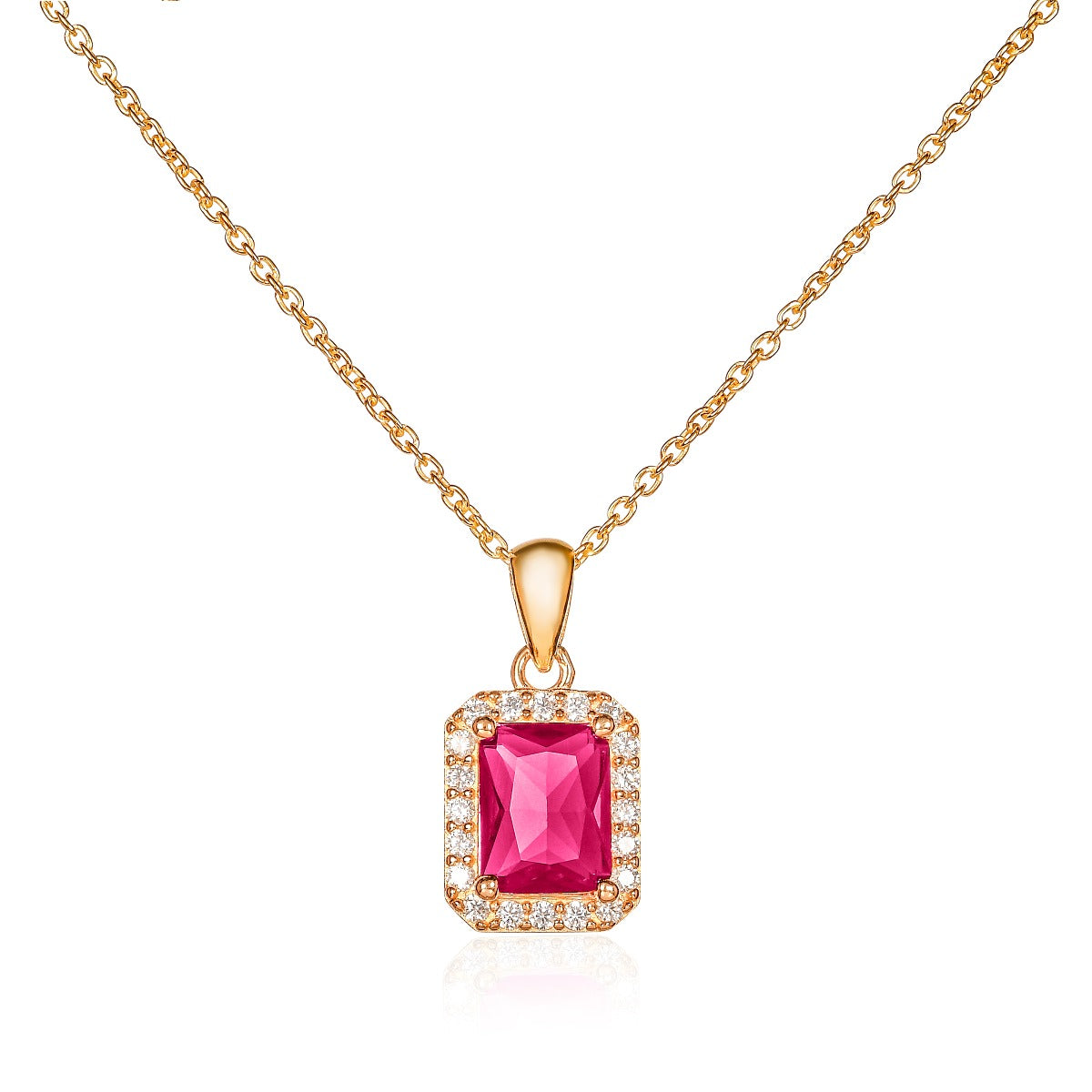 Gold Plated Sterling Silver Emerald Cut Pink Red Pendant Necklace