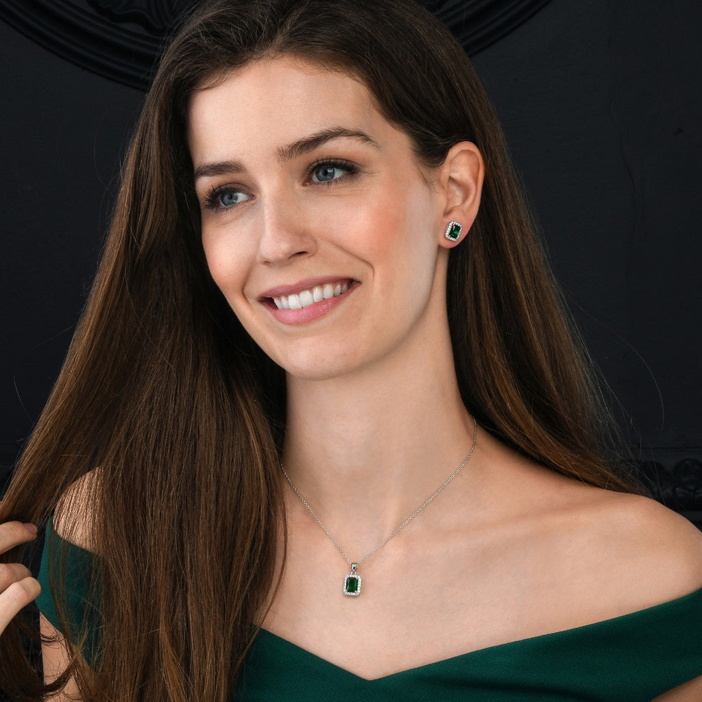 Sterling Silver Emerald Cut Green Halo Stud Earrings