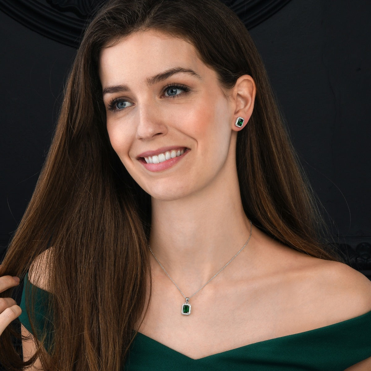 Sterling Silver Emerald Cut Green Halo Stud Earrings