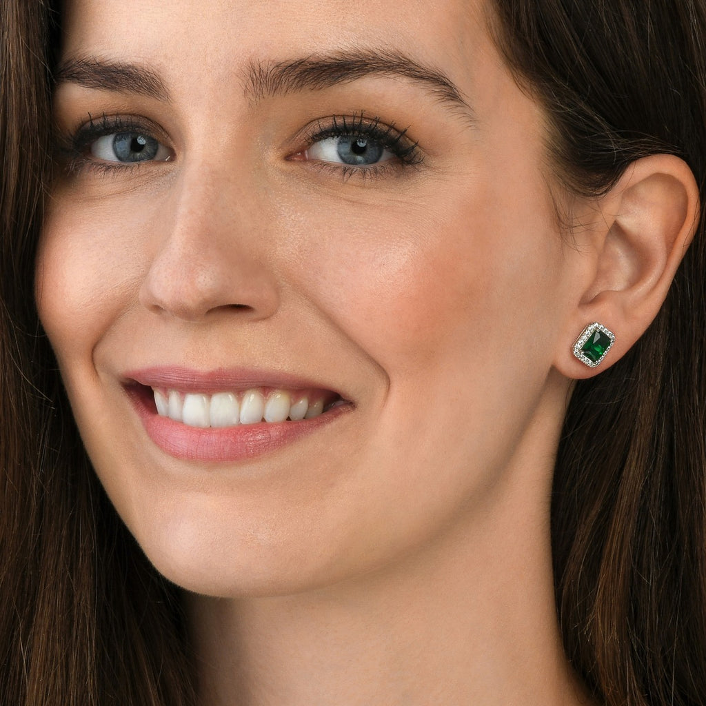 Sterling Silver Emerald Cut Green Halo Stud Earrings