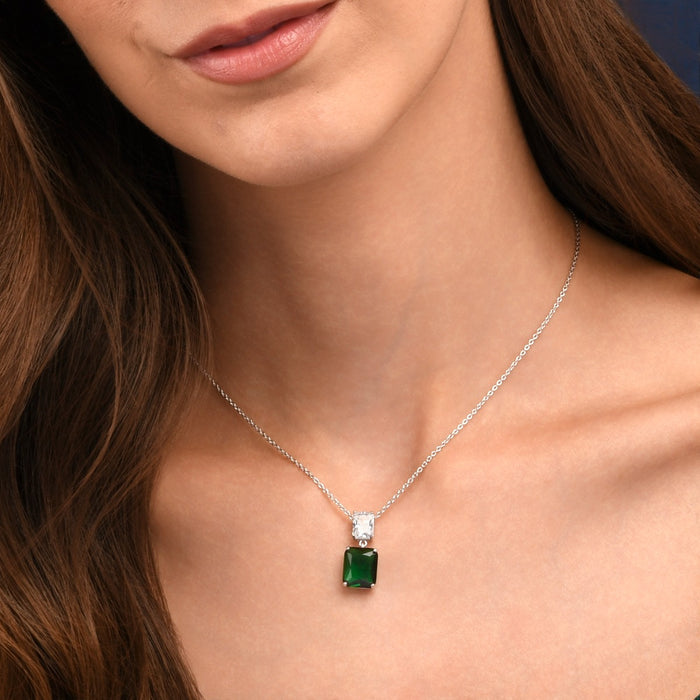 Sterling Silver Green Double Rectangle Drop Pendant Necklace