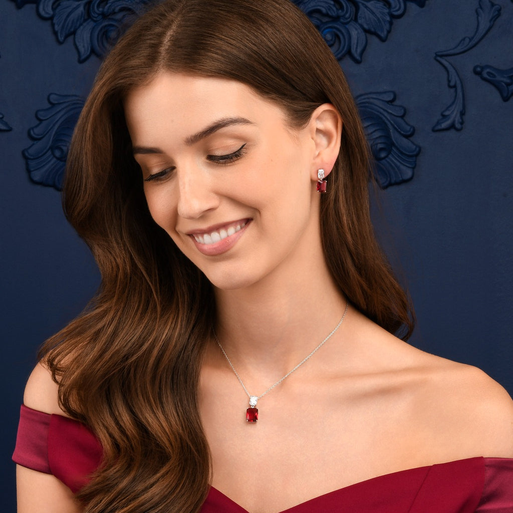 Sterling Silver Red Double Rectangle Drop Pendant Necklace