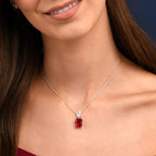 Sterling Silver Red Double Rectangle Drop Pendant Necklace