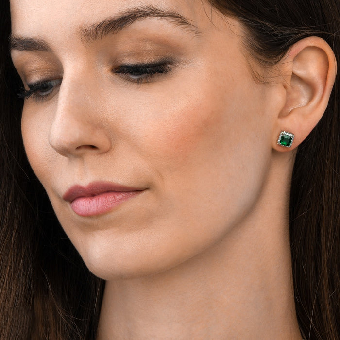 Sterling Silver Square Shaped Green Stud Earrings