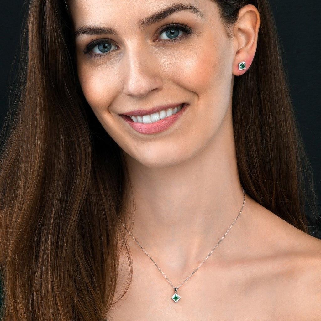 0.40ct Emerald Earrings with Diamond Halo 9K White Gold