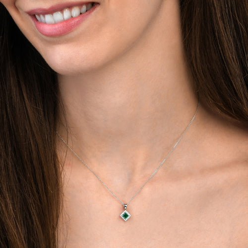 0.27ct Emerald Pendant Necklace 0.06ct Diamond 9K White Gold