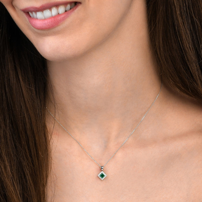 0.27ct Emerald Pendant Necklace 0.06ct Diamond 9K White Gold