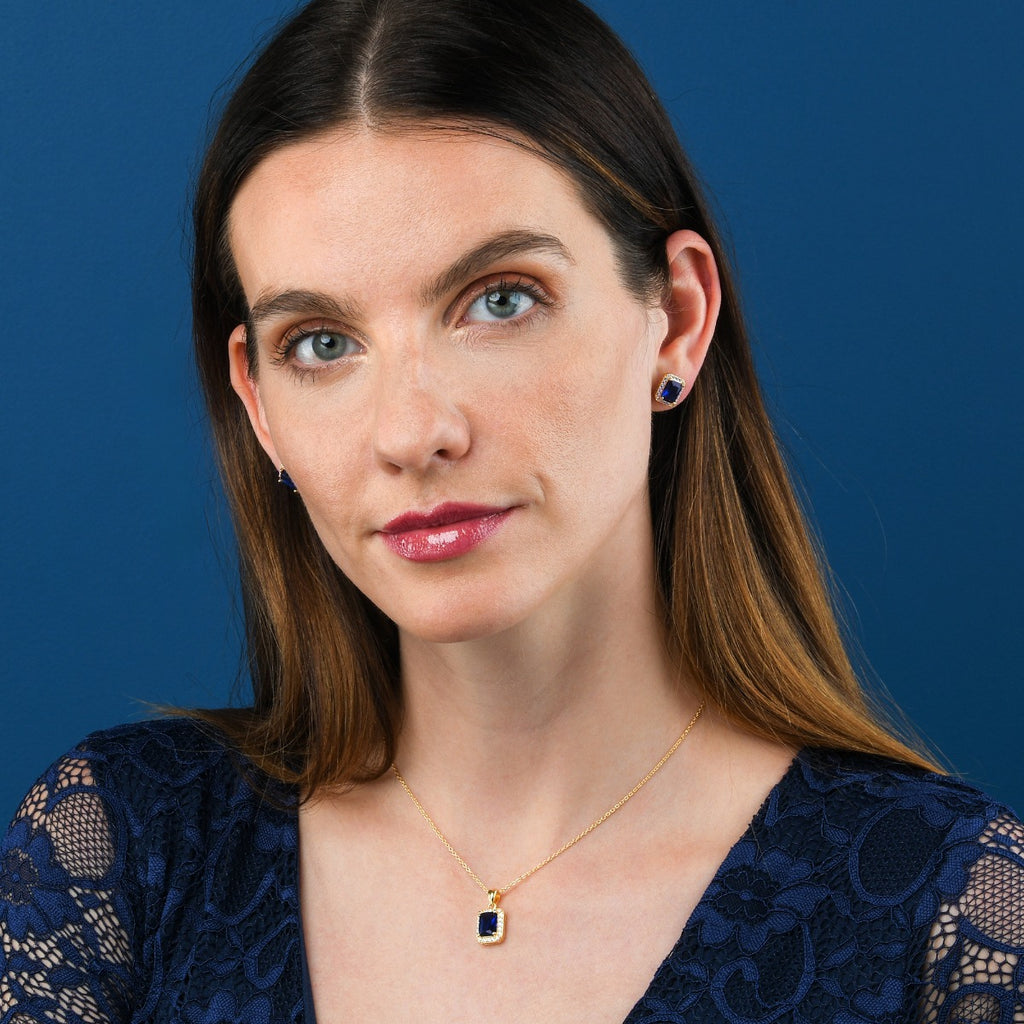 Gold Plated Sterling Silver Emerald Cut Blue Pendant Necklace