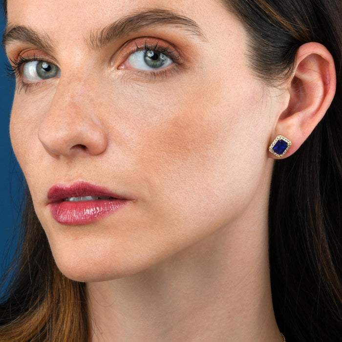 Gold Plated Sterling Silver Emerald Cut Blue Halo Stud Earrings