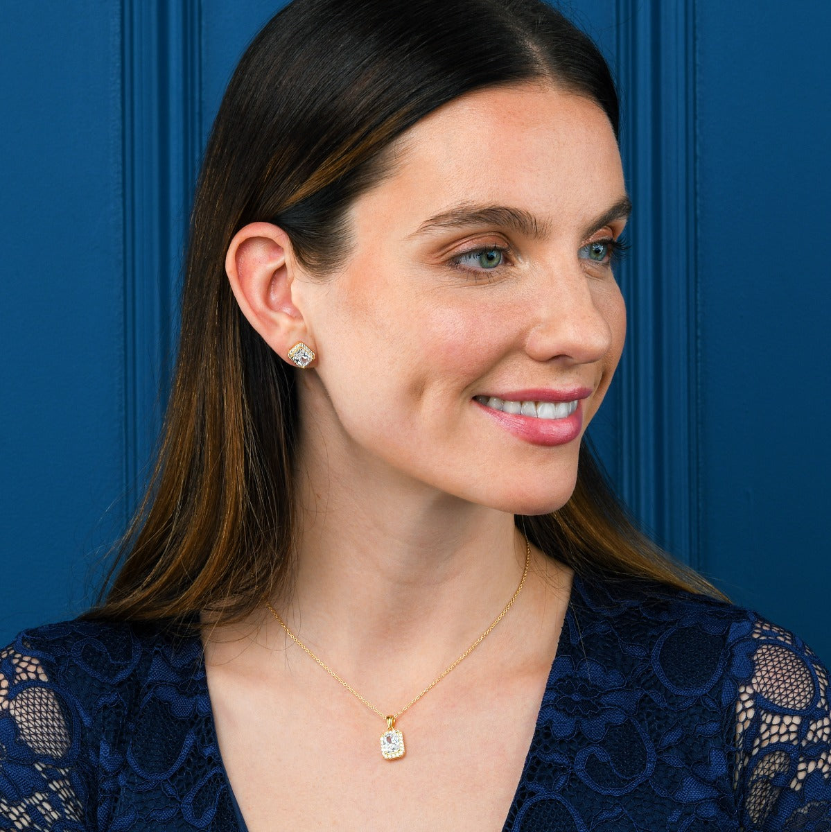 Gold Plated Sterling Silver Emerald Cut Cubic Zirconia Pendant Necklace