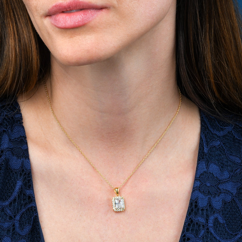 Gold Plated Sterling Silver Emerald Cut Cubic Zirconia Pendant Necklace