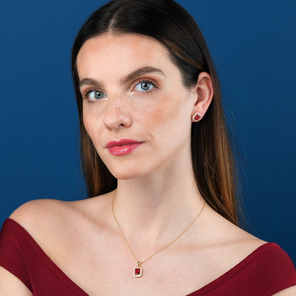 Gold Plated Sterling Silver Emerald Cut Pink Red Halo Stud Earrings
