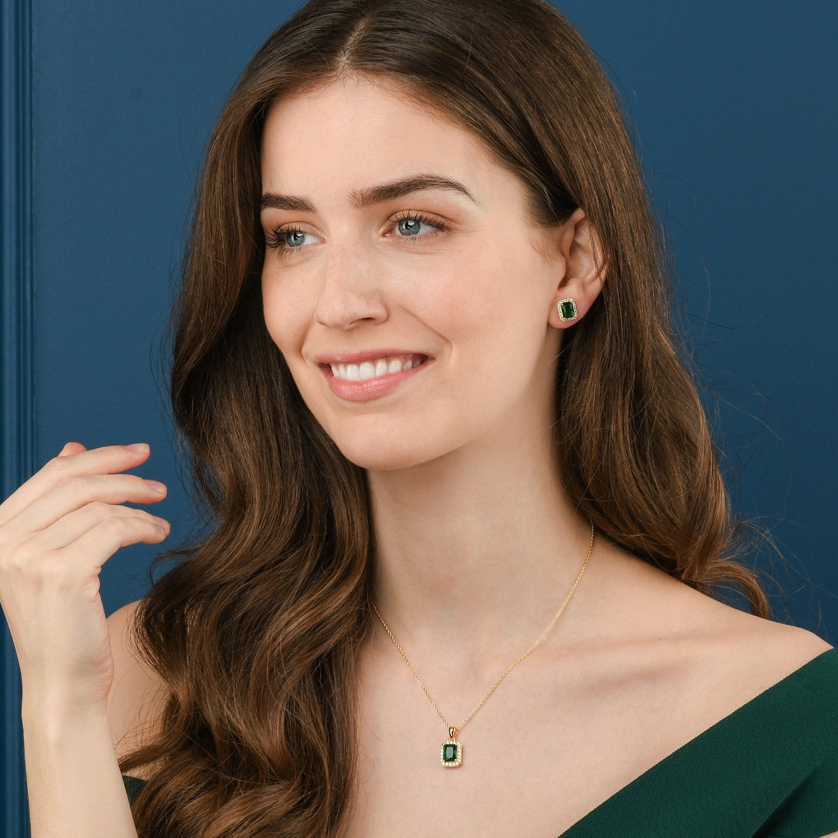 Gold Plated Sterling Silver Emerald Cut Green Halo Stud Earrings