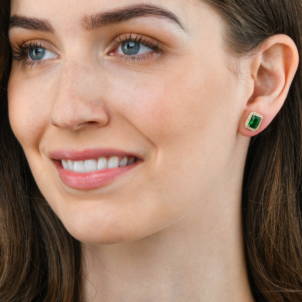 Gold Plated Sterling Silver Emerald Cut Green Halo Stud Earrings
