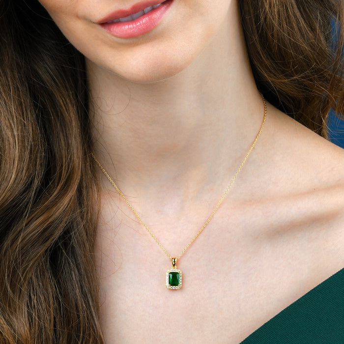 Gold Plated Sterling Silver Emerald Cut Green Pendant Necklace
