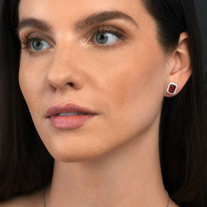 Sterling Silver Emerald Cut Pink Red Halo Stud Earrings