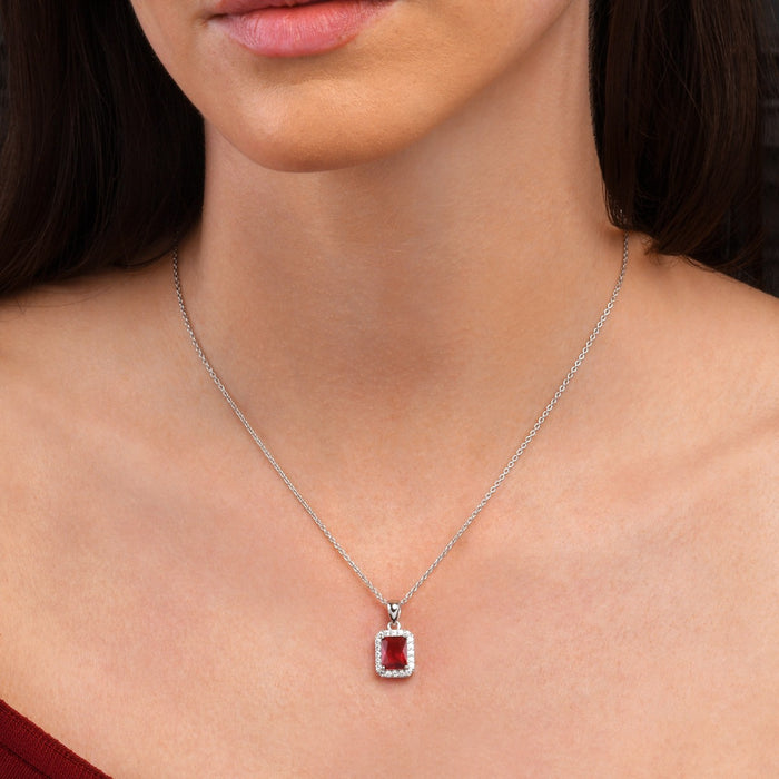 Sterling Silver Emerald Cut Pink Red Pendant Necklace