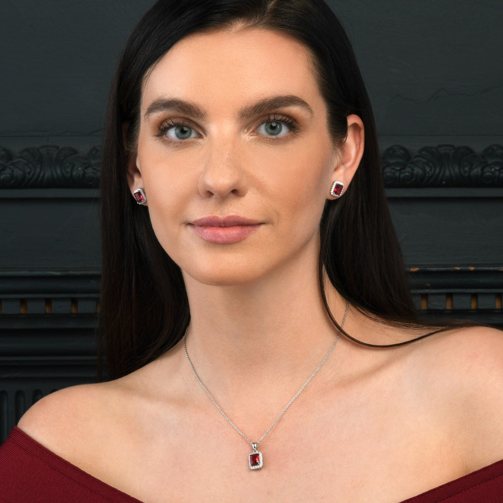 Sterling Silver Emerald Cut Pink Red Pendant Necklace