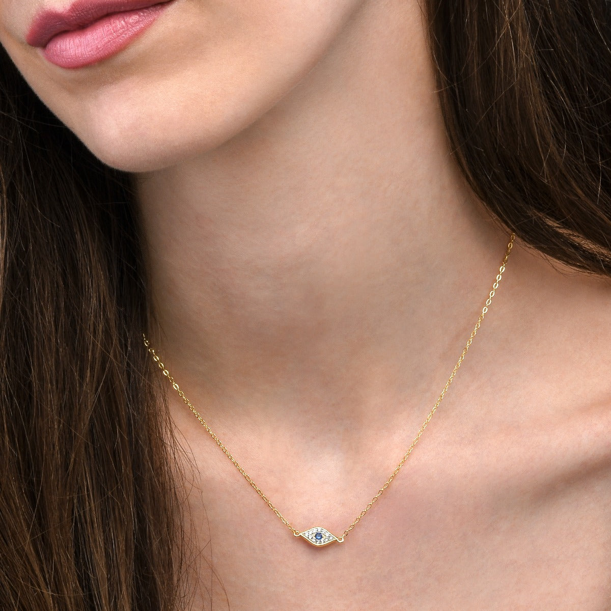 Yellow Gold Plated Sterling Silver EVIL EYE Pendant Necklace with Cubic Zirconia
