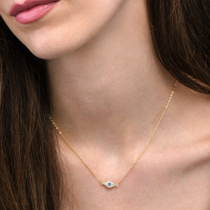 Yellow Gold Plated Sterling Silver EVIL EYE Pendant Necklace with Cubic Zirconia