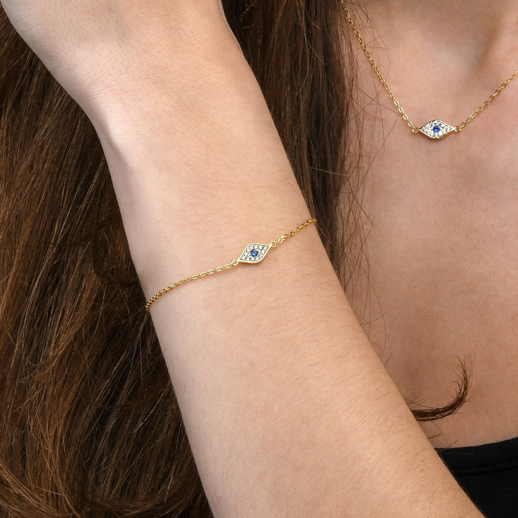 Yellow Gold Plated Sterling Silver EVIL EYE Bracelet with Cubic Zirconia