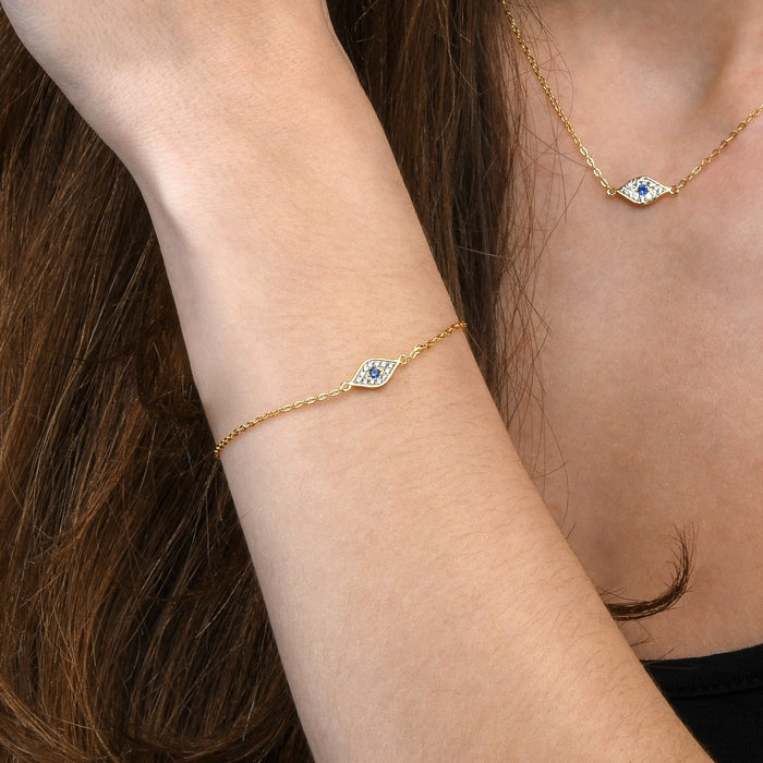 Yellow Gold Plated Sterling Silver EVIL EYE Bracelet with Cubic Zirconia
