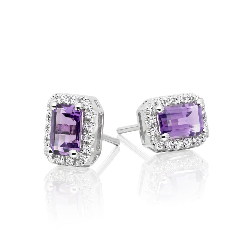 4mm x 6mm Amethyst and 0.15ct diamond stud earrings in 9K white gold 
