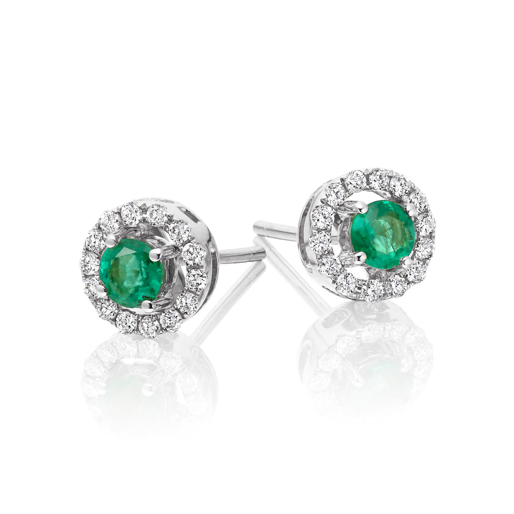 Round Emerald and 0.22ct diamond stud earrings in 18K white gold