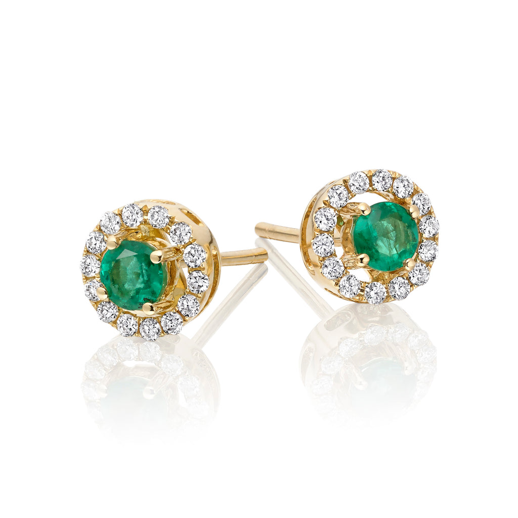 Round Emerald and 0.22ct diamond stud earrings in 9K yellow gold